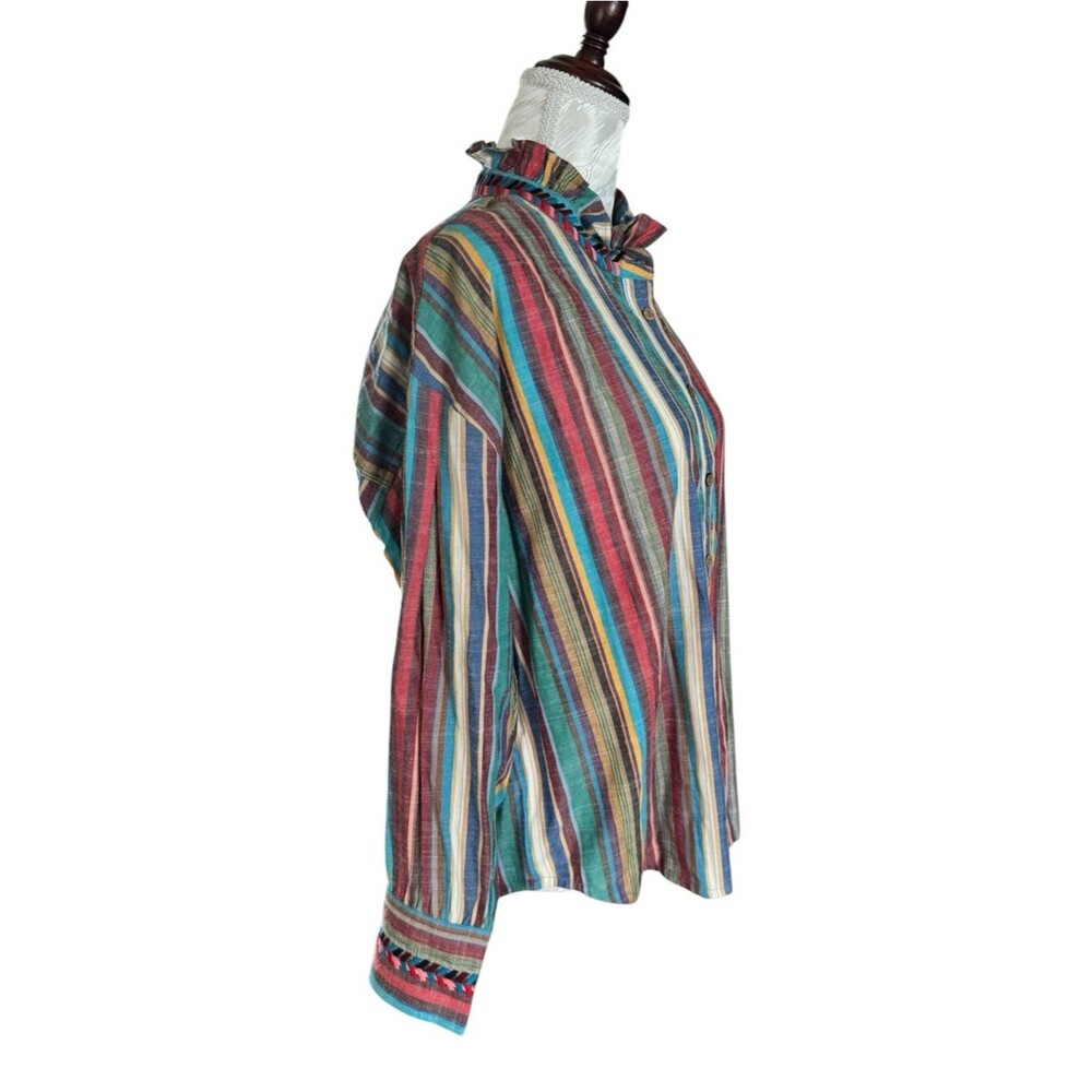 Xirena Charley shirt in a "Painted Sunset" multi-color stripe pattern. - Picture 6 of 9